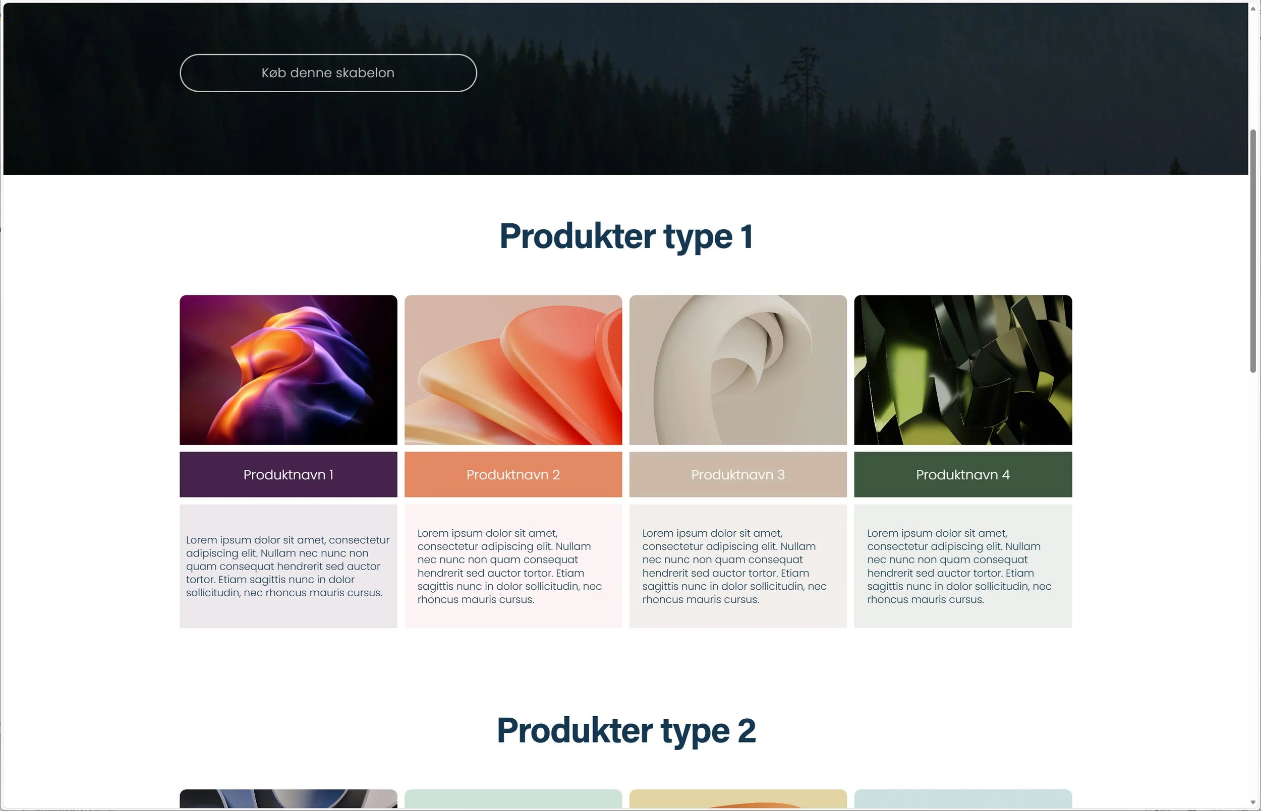 Eksempel fra skabelonen på en side med en række fiktive  produkter.