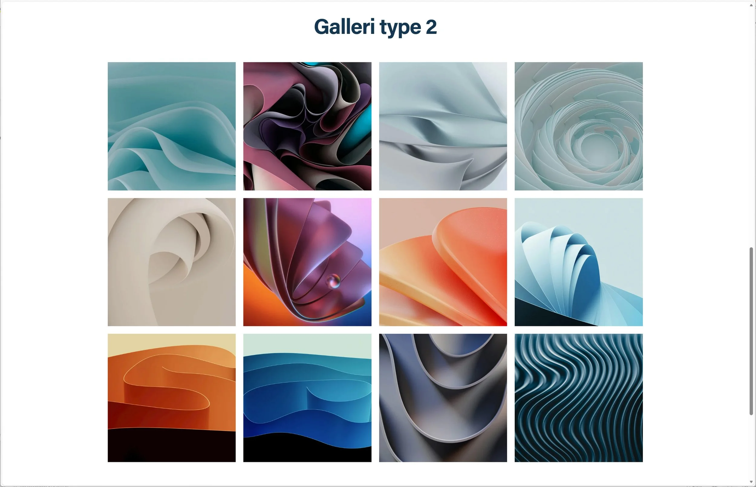 Eksempel fra skabelonen på en galleri side med forskellige abstrakte og fiktive billeder.