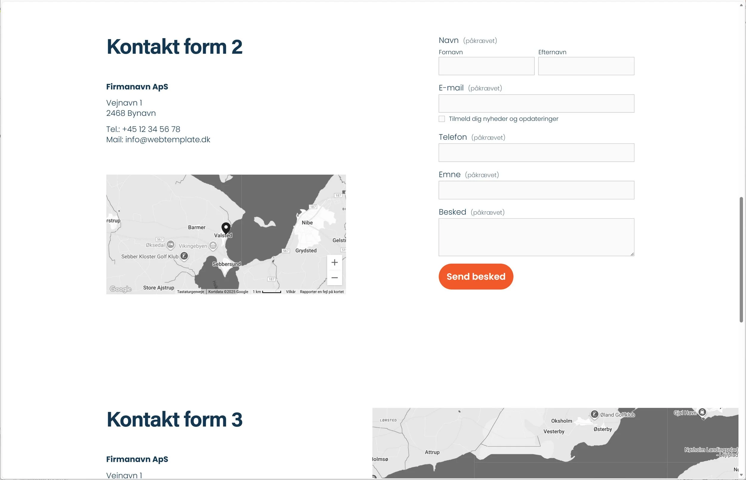 Eksempel fra skabelonen på en kontakt formular med et kort over adressen.