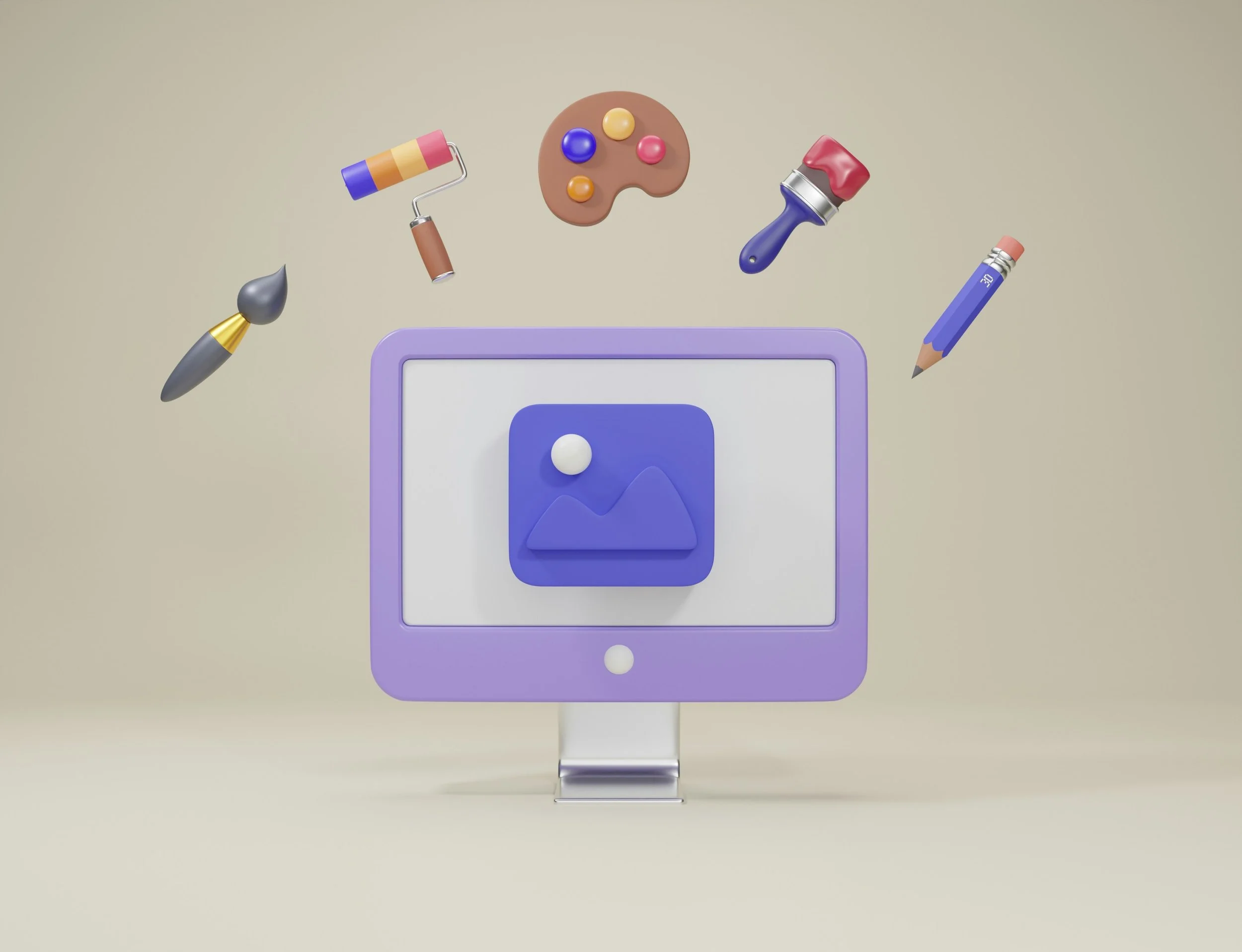 En computer med et billedgalleri ikon på skærmen, omgivet af kreative værktøjer som pensel, malerpind, malepalette, rulle, blyant og viskelæder.