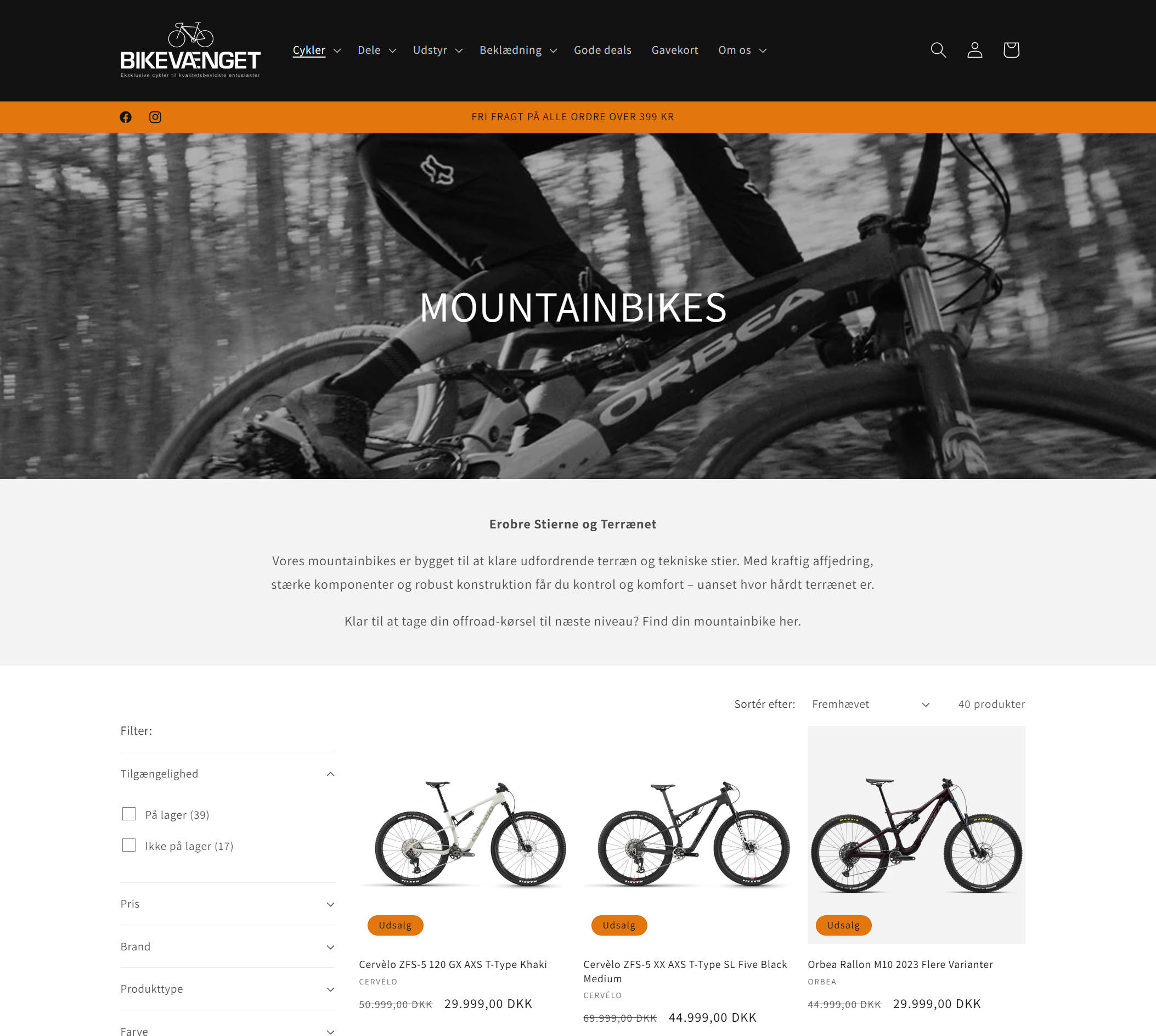 Siden af en cykelbutikkes hjemmeside med overskriften 'Mountainbikes'.