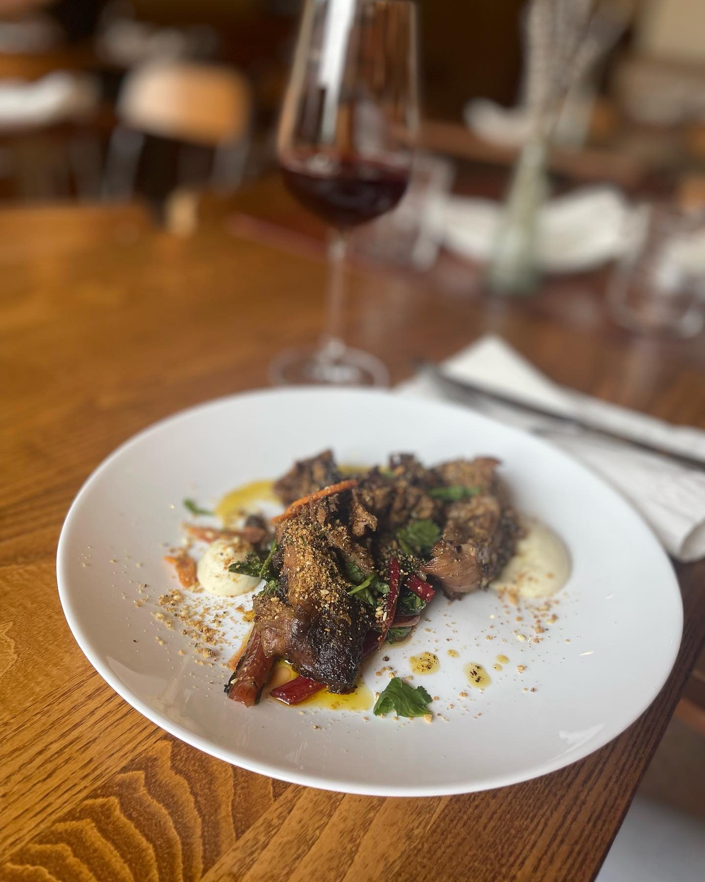 New dish for today! Slow-cooked spiced English lamb, rainbow chard and almond and celeriac cream.

Pairing nicely with our wine of the week, the beautiful Larcin from @instarouillet - a Merlot, cut with a little Malbec but bright and full of crunchy 