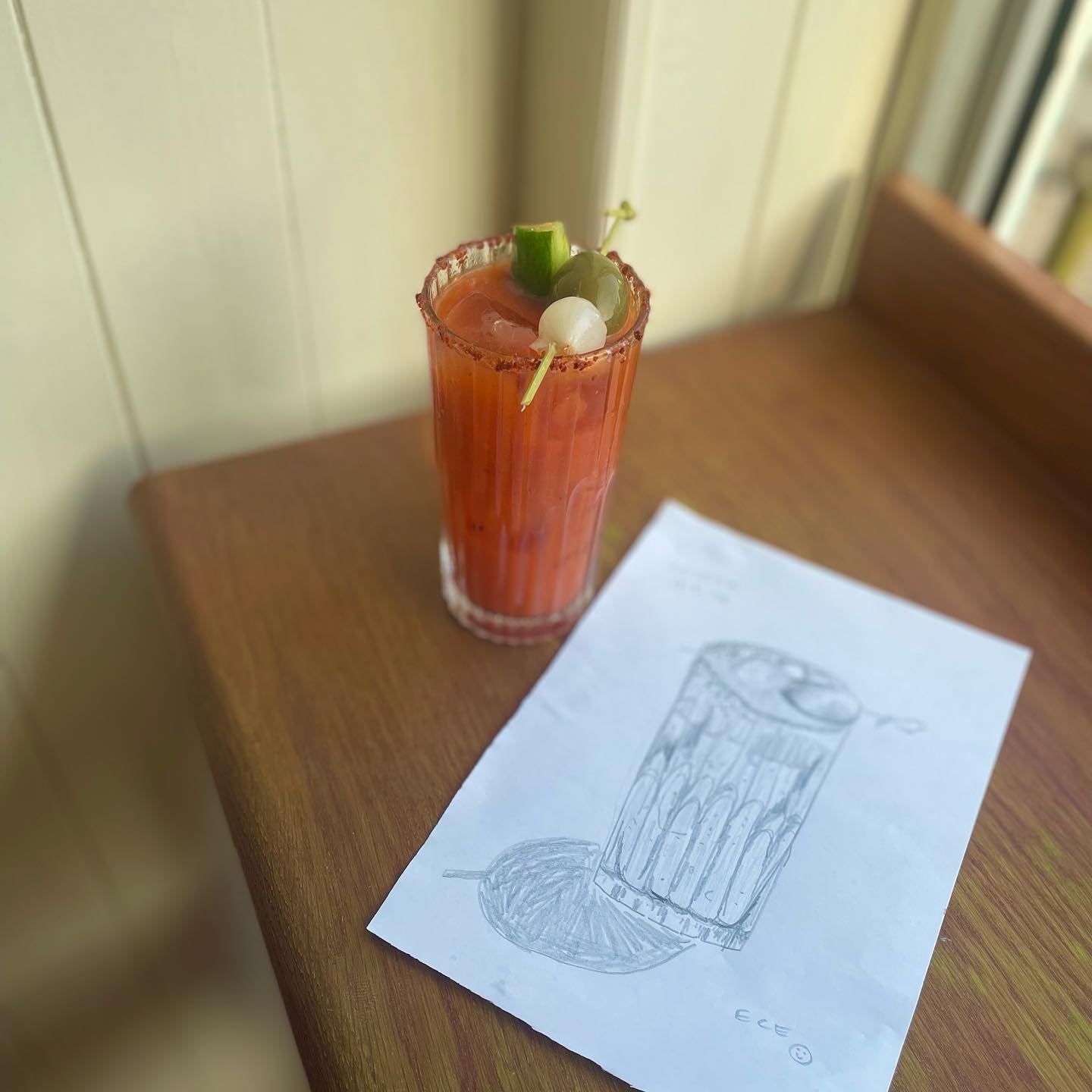 Our signature Gazpacho Bloody Mary - so good that one of our guests was moved to draw it! 👩🏻&zwj;🎨 

We use @eastlondonliquorcompany vodka, gazpacho and our secret spice mix to make our delicious twist on a classic. It has been said on more than a