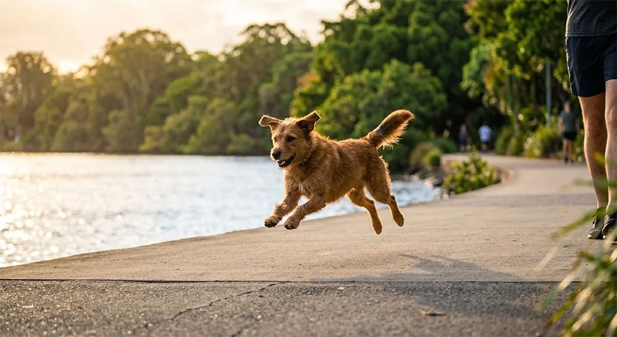 A golden shaggy dog mid-leap along a riverside path at golden hour, with glittering river water and lush green trees soft in the background.