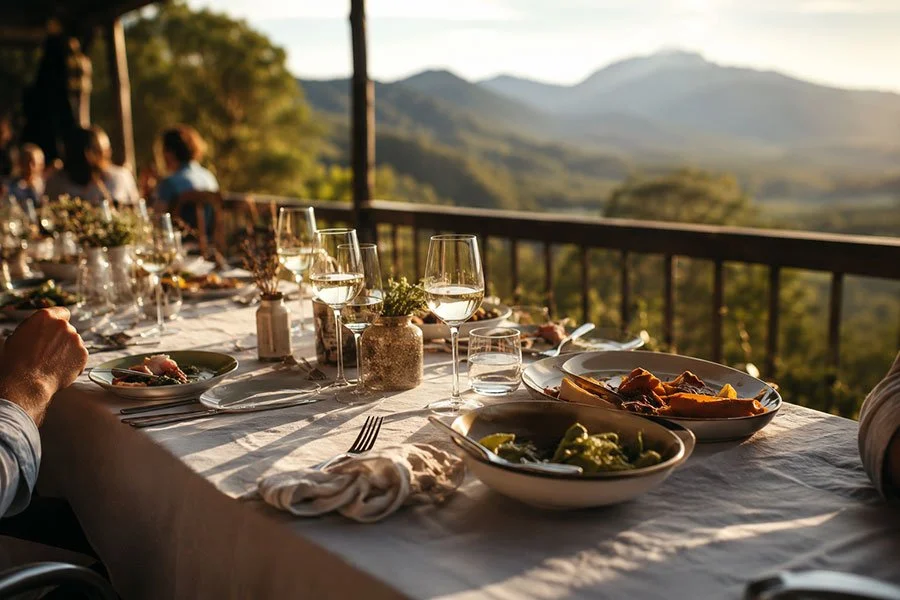 A long lunch table on an open-air terrace at golden hour, set with wine glasses and shared plates, overlooking green mountain ranges.