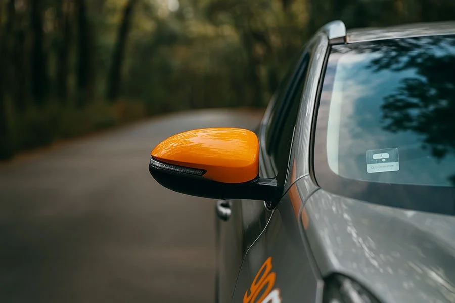 GoGet car wing mirror on winding forest road mountain drive weekend road trip up Tamborine Mountain