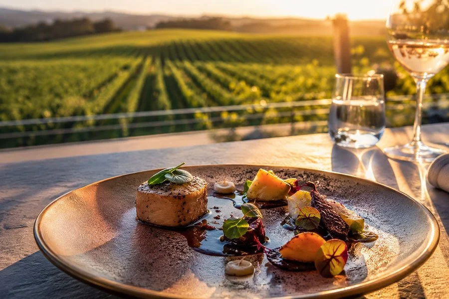 A beautifully plated tasting dish on an outdoor terrace table with rows of vineyard vines stretching into the distance at golden hour.