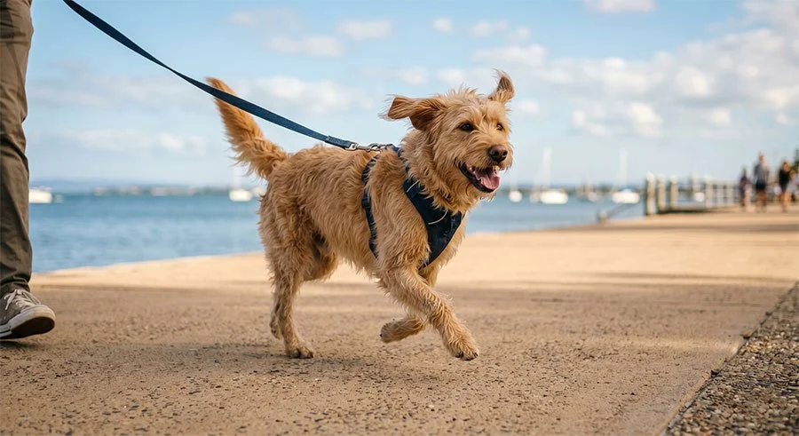 A fluffy golden dog running happily on a lead along a waterfront esplanade, with calm bay water and blue sky in the background.