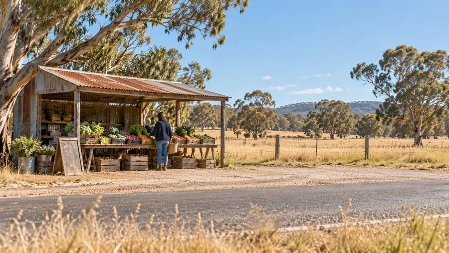 A rustic roadside produce stall with a rusted corrugated iron roof under tall gum trees, one shopper browsing trestle tables of vegetables, with dry golden paddocks and low hills behind.