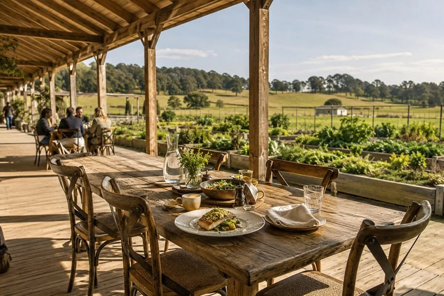 A rustic wooden table set on a farmhouse veranda with a plate of fish and greens, a vegetable garden and open paddocks in the background.