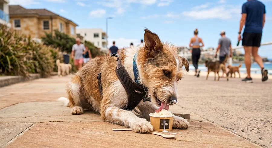 Happy dog licking gelato from a cup on a sunny Bondi street