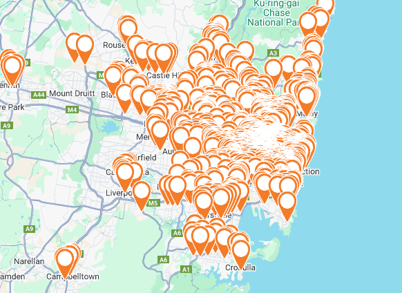 Map of GoGet car and van hire locations across Sydney