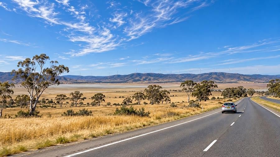 A silver hatchback driving along a divided country highway past a dry, grassy lakebed, with eucalypts in the foreground and wind turbines along a distant ridge under a blue summer sky.