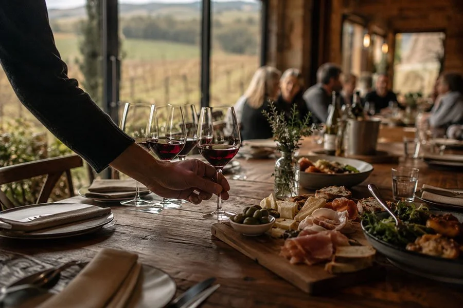 A hand reaching for a glass of red wine at a long timber table set with charcuterie and share plates, with winter vineyards through the windows beyond.