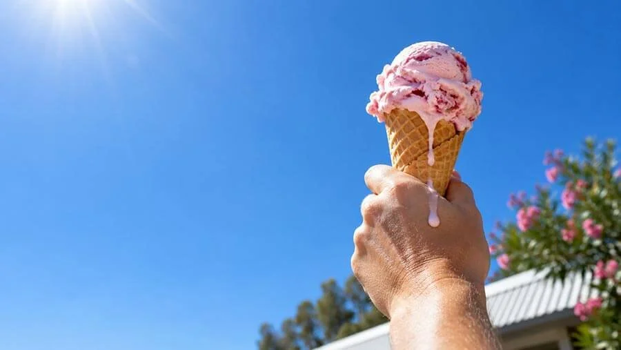 A hand holding up a waffle cone of pink strawberry ice cream melting in bright sunshine against a clear blue sky, with pink oleander flowers and a white roof edge below.