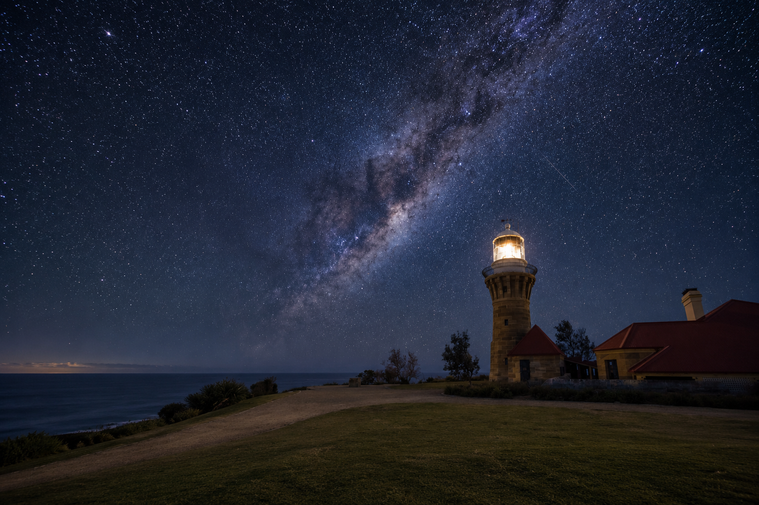 Coastal park headland at night with stars overhead and ocean visible on both sides