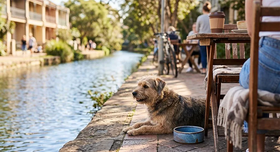 Dog lying beside an outdoor cafe table along a canal path in Sydney's inner west