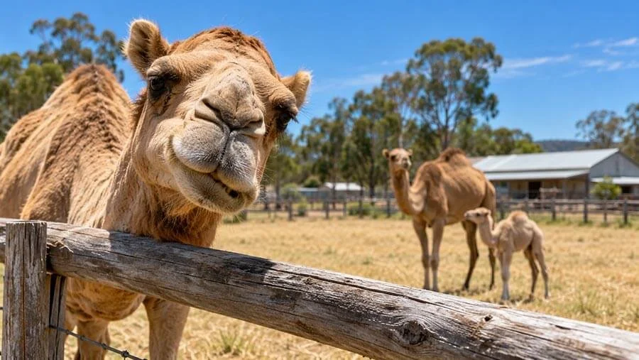 A camel leaning its head down over a weathered timber post-and-rail fence towards the camera, mouth slightly open, with a second camel and a young calf grazing in a dry golden paddock behind, gum trees, a farm shed and hard blue sky.