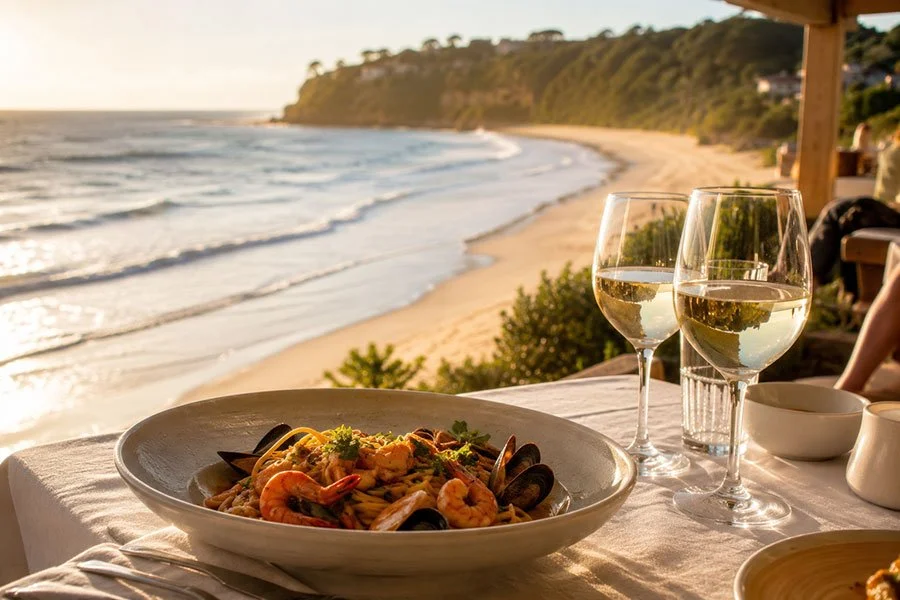 A bowl of prawn and mussel pasta with two glasses of white wine on a linen-set table, overlooking a curved beach and green headland at golden hour.