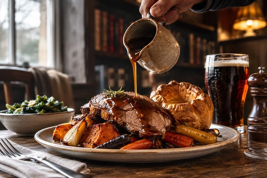 Gravy poured over a plate of sliced roast lamb with roast vegetables and a Yorkshire pudding, beside a glass of dark ale on a timber pub table.
