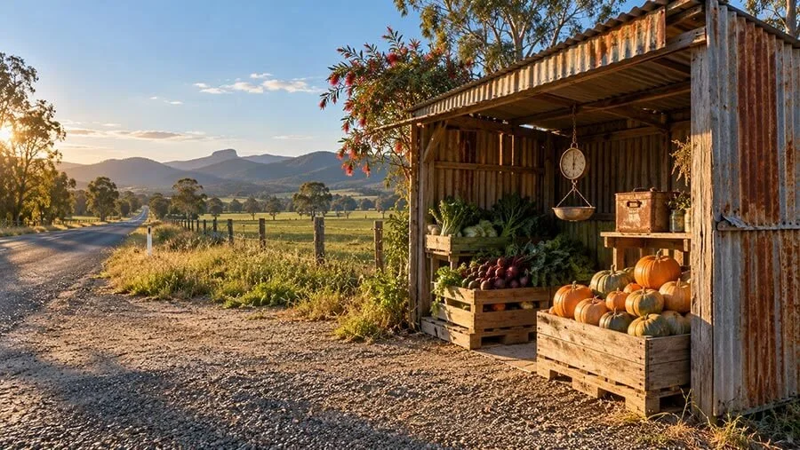 An open-fronted roadside produce shed built from weathered timber and rusted corrugated iron, stacked with wooden crates of pumpkins, beetroot and leafy greens, with brass hanging scales, a sealed country road running past and mountain ranges