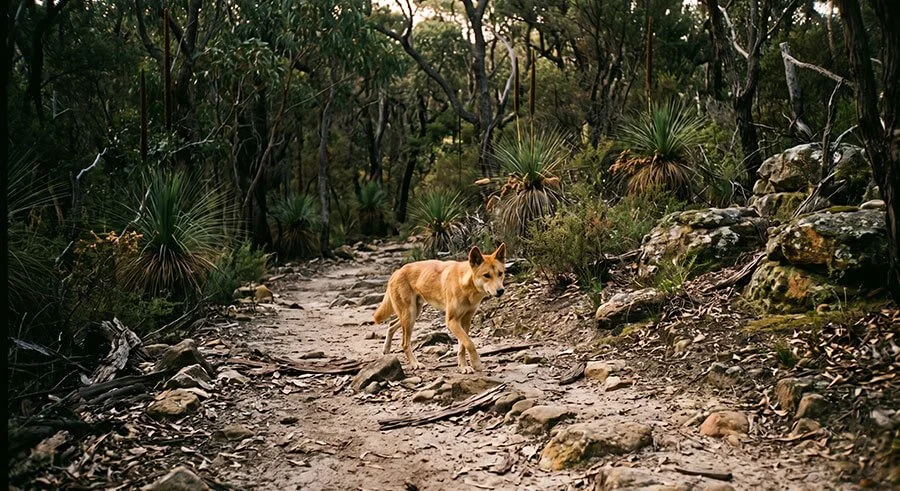 A ginger dingo standing side-on in the middle of a rocky bush track with its head turned toward the camera, surrounded by grass trees, eucalypt scrub and sandstone.