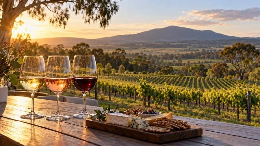 Glasses of white, rosé and red wine beside a cheese board with brie, blue cheese, crackers and walnuts on a timber table, overlooking vineyard rows and a distant mountain under a low golden sun.