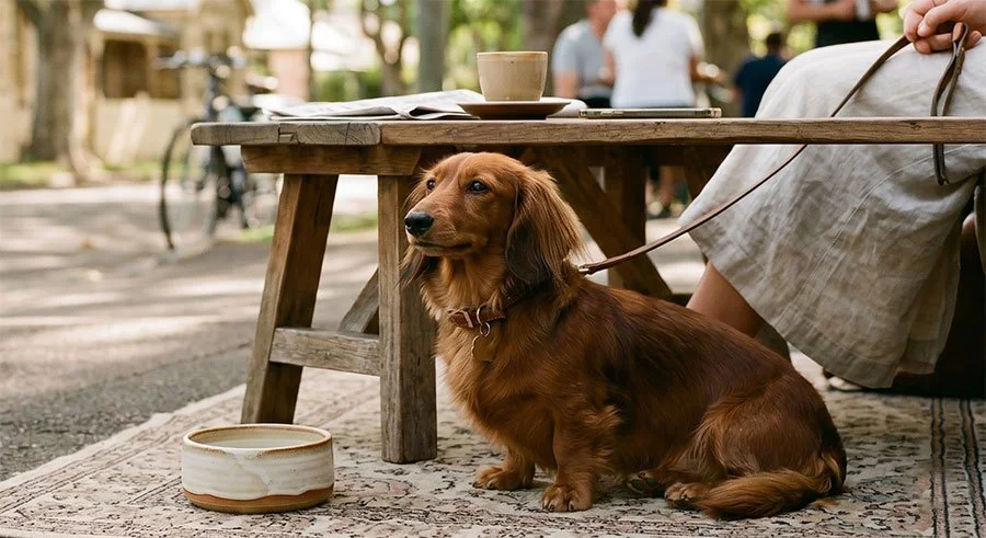 Long-haired dachshund sitting beside a rustic outdoor cafe table with a ceramic water bowl and coffee cup, leafy background