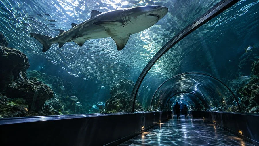 A large shark gliding overhead above a curved glass underwater tunnel, with schools of small fish, reef rock and two distant visitor silhouettes in blue-lit water.
