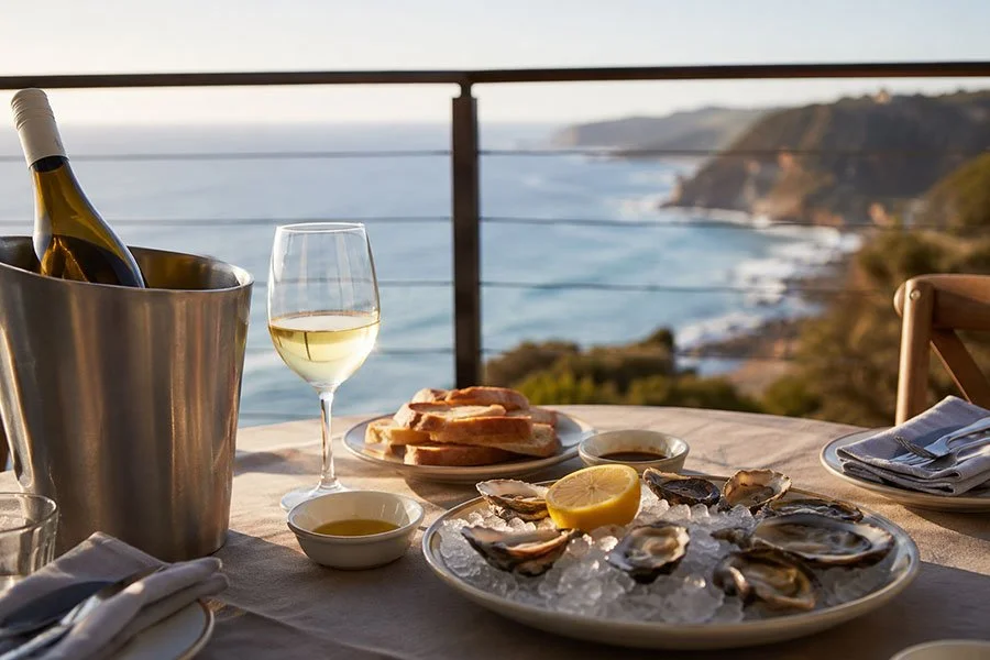 Freshly shucked oysters on ice with a chilled bottle of white wine on a clifftop terrace table, overlooking a sweeping stretch of coastline.