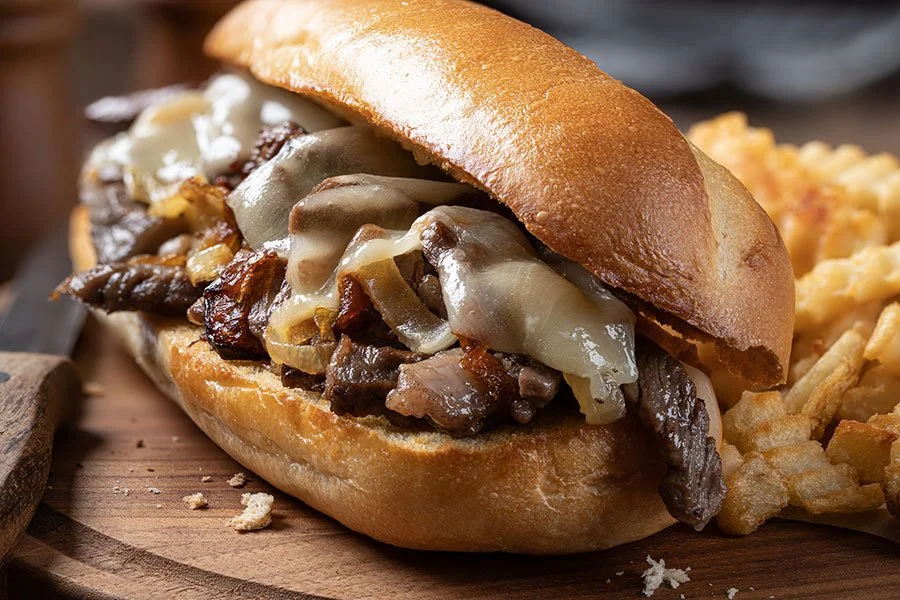 Hearty steak sandwich with fries served street-food style on a rustic board