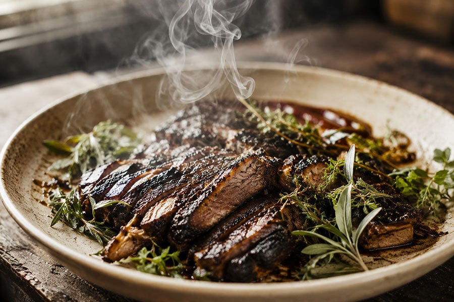 Slices of char-grilled meat with crisp blackened crust on a rustic ceramic plate, garnished with native herbs, a ribbon of smoke rising.