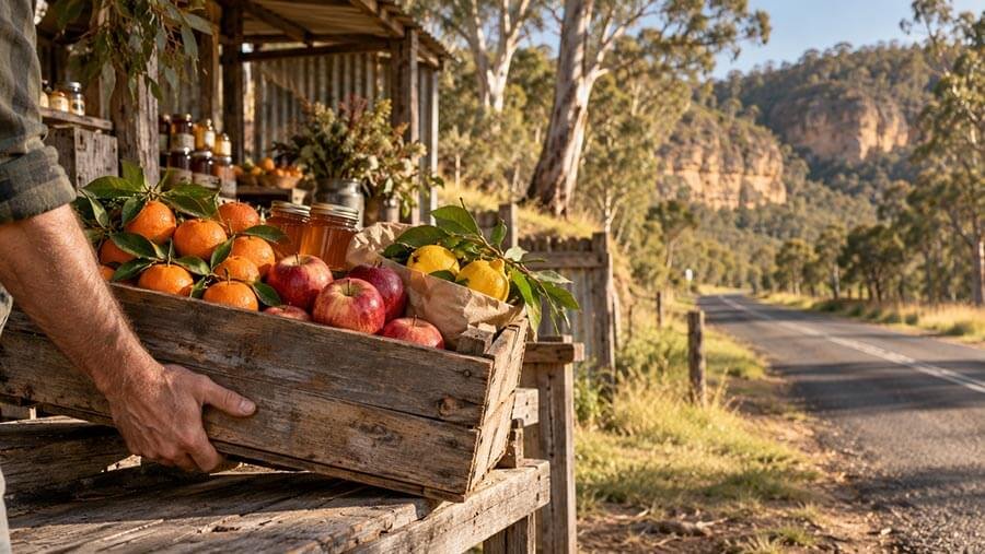 A hand lifts a weathered timber crate of mandarins, red apples, lemons and jars of honey from a roadside farm stall, with gum trees, sandstone cliffs and an empty country road in low golden light.