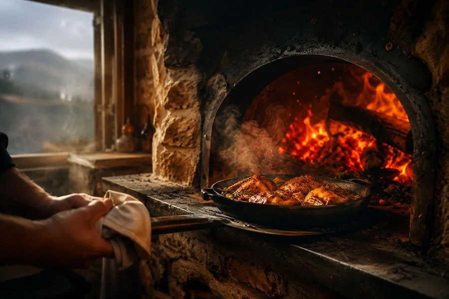 A chef pulling a cast iron pan of golden roasted chicken from a glowing wood-fired oven, with misty mountain views through a stone-framed window.
