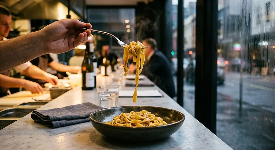 A hand lifting a forkful of steaming ribbon pasta above a dark bowl on a marble counter in a narrow pasta bar, with kitchen staff working out of focus on the left and a rain-streaked window looking onto a wet city street at dusk on the right.