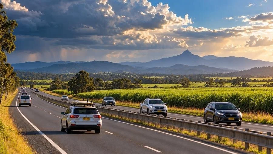 Holiday traffic on a divided motorway through green sugar cane fields in northern NSW, with a sharp volcanic peak and storm clouds building over the ranges in the distance.