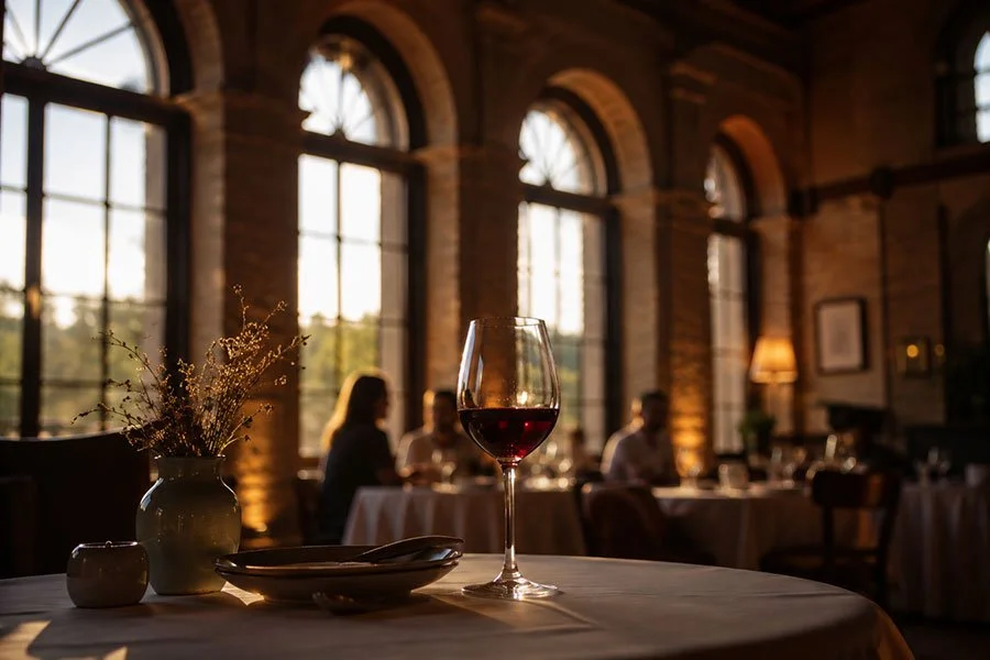 A glass of red wine on a table inside a heritage stone dining room with tall arched windows and diners softly blurred in the background.