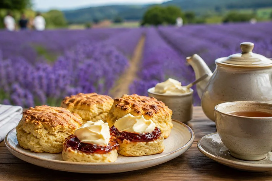 A plate of golden scones topped with jam and thick cream beside a teapot and cup, with rows of flowering purple lavender stretching to distant hills.