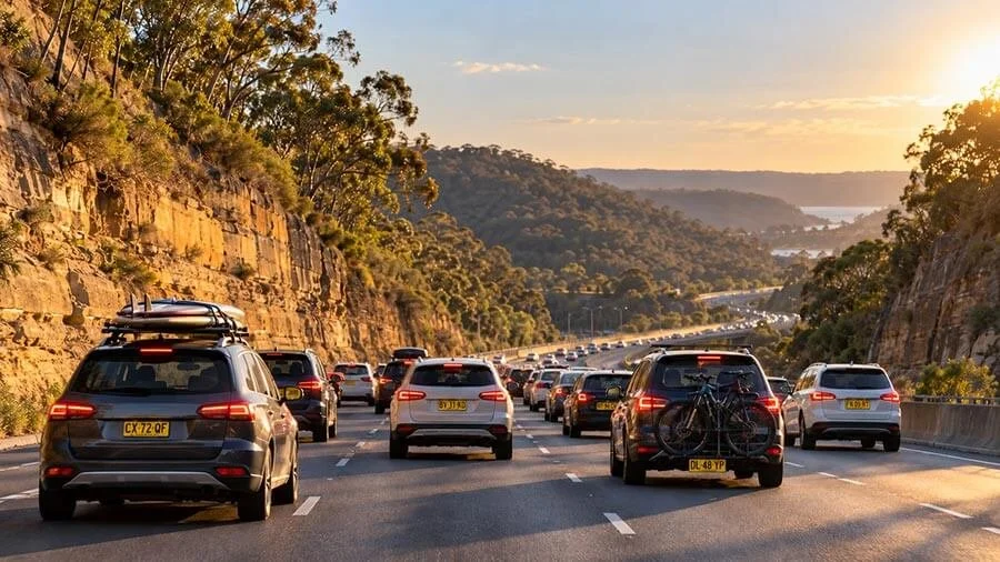 Summer holiday traffic on a multi-lane motorway north of Sydney at golden hour, with cars carrying roof racks and a bike carrier passing between sandstone cuttings and eucalypt-covered hills.