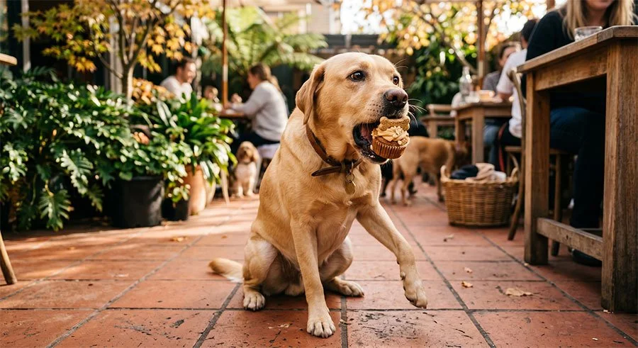 A yellow Labrador sitting in a lush outdoor cafe courtyard with a pupcake in its mouth, other dogs and diners softly blurred in the background