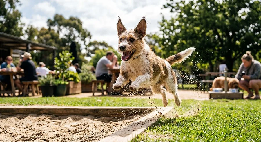 A scruffy terrier mix leaping out of a sandpit at full speed at an outdoor dog cafe in Melbourne's eastern suburbs, mouth open and ears flying