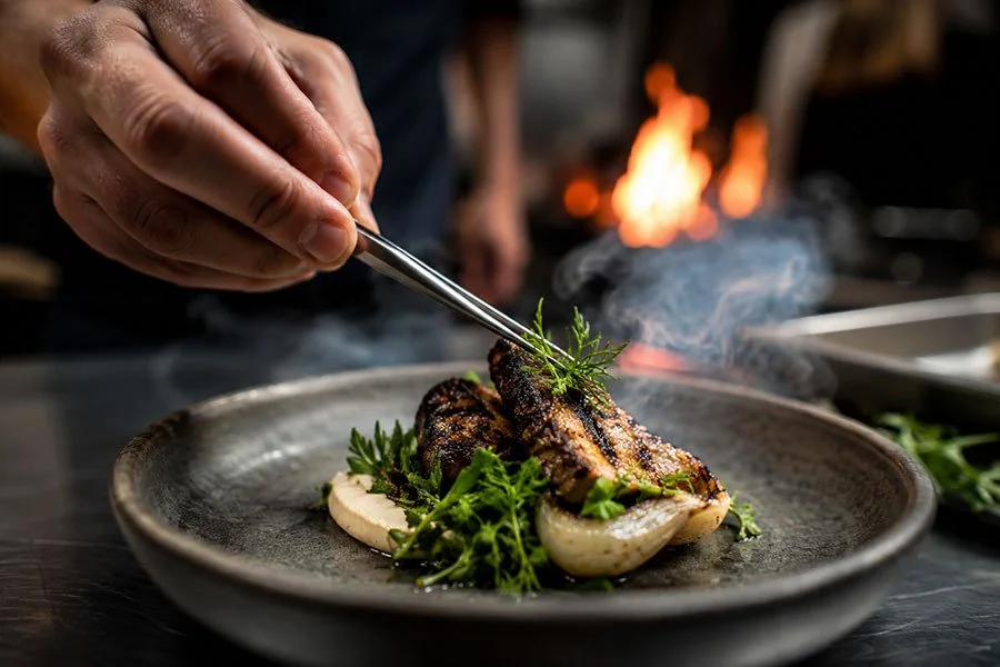 A chef's hand using tweezers to place a garnish on a fire-grilled dish with greens, open flames glowing softly in the background.