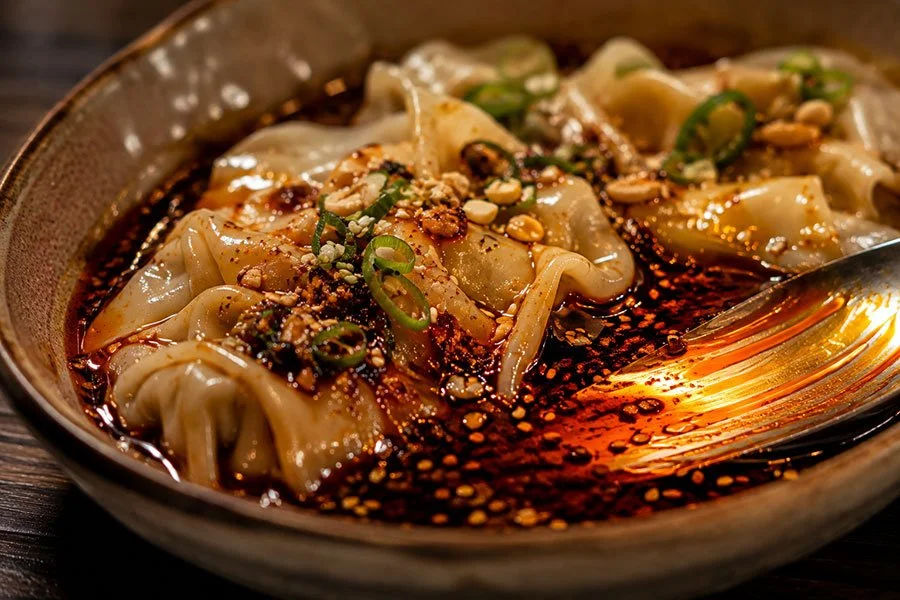 Close-up of wontons in glossy red chilli oil topped with spring onion, crushed peanuts and sesame seeds at a dumpling restaurant in West End, Brisbane.