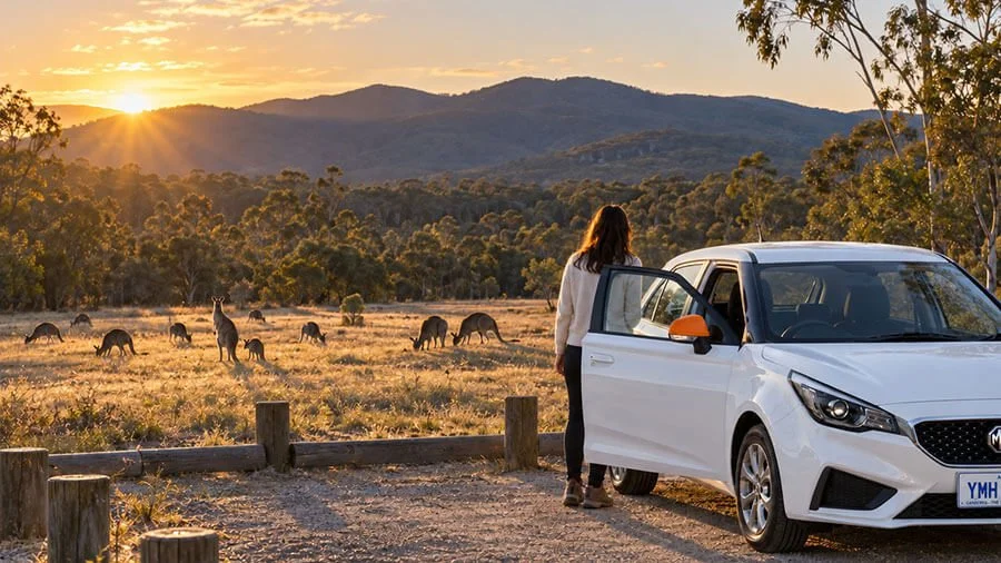 Woman standing beside the open door of a white GoGet hatchback in a gravel car park, watching a mob of kangaroos graze in a bushland clearing at sunset.