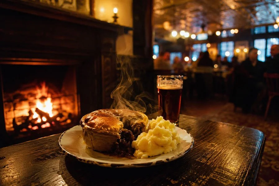 A golden pastry-topped pie and a serving of mashed potato on a white plate on a dark timber table beside a lit open fireplace, with a glass of beer behind and a warmly lit pub dining room with a pressed metal ceiling blurred in the background.
