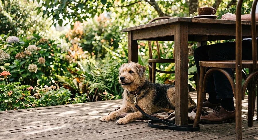 A scruffy terrier dog lying relaxed under a timber outdoor cafe table on a wooden deck, surrounded by a lush green garden in full bloom.