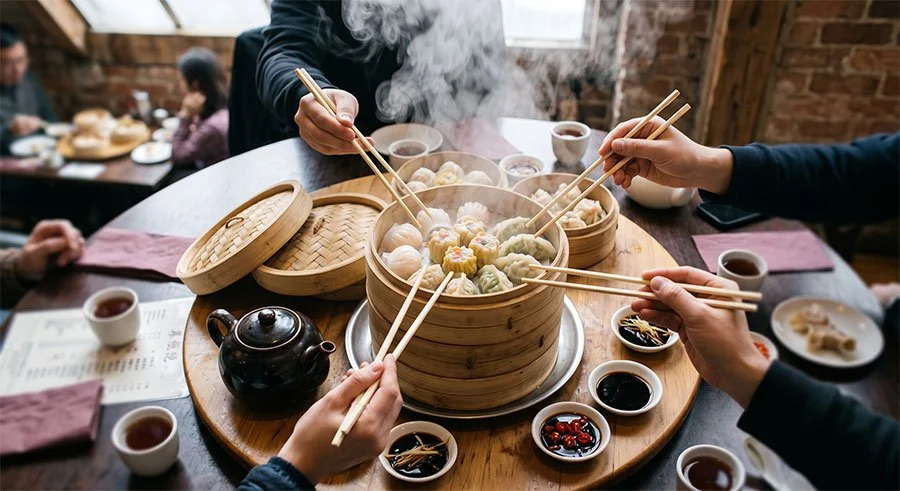 Four pairs of chopsticks reaching into an open bamboo steamer of assorted dumplings on a round timber table, with steam rising, small dishes of soy and chilli, teacups and a black teapot around it, and a brick-walled dining room behind.
