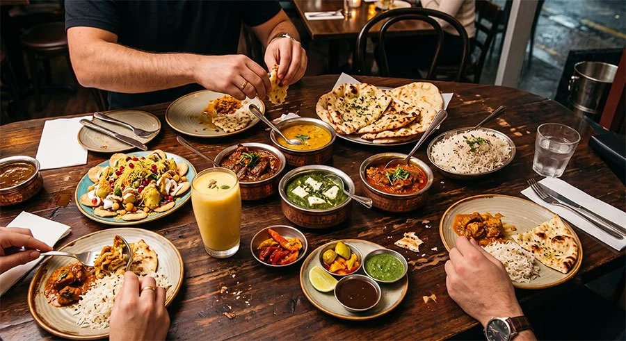Overhead view of an Indian share feast with curries in copper bowls, naan, rice, chaat, chutneys and a mango lassi on a timber table in South Brisbane.