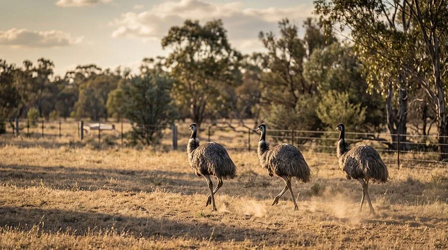 Three emus striding in single file across dry grass in open woodland, kicking up dust in warm late afternoon light.