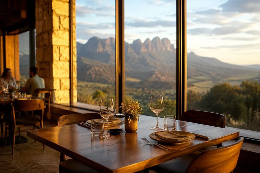 A wooden table set beside floor-to-ceiling windows framing a dramatic mountain range at golden hour, with diners softly visible in the background.